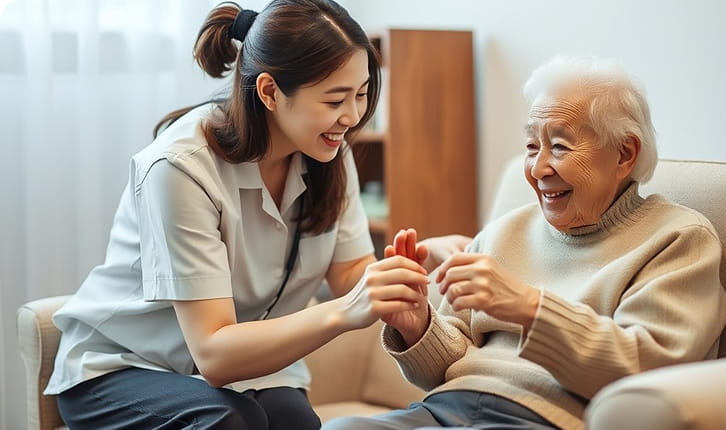 若い介護士の女性が、高齢の女性と手を取り合って笑顔で会話している