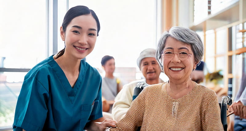 車椅子に座った高齢の女性と、その後ろで笑顔を見せる男性が並んでいる